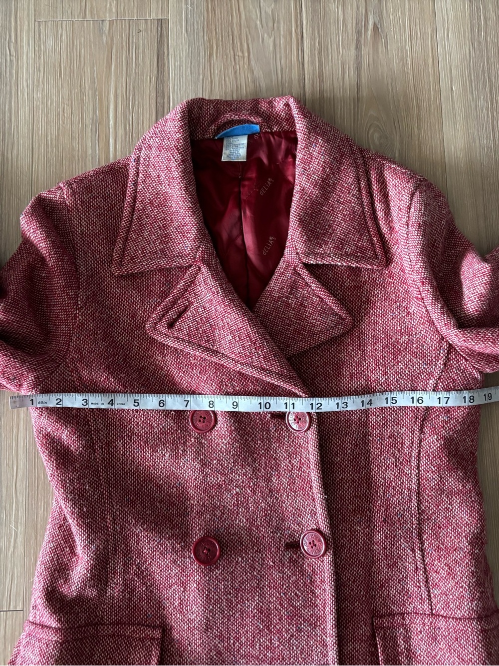 VTG Delia’s Pea Coat Red Wool Tweed Double-Breasted Womens L Y2K Classic Preppy - Picture 11 of 12